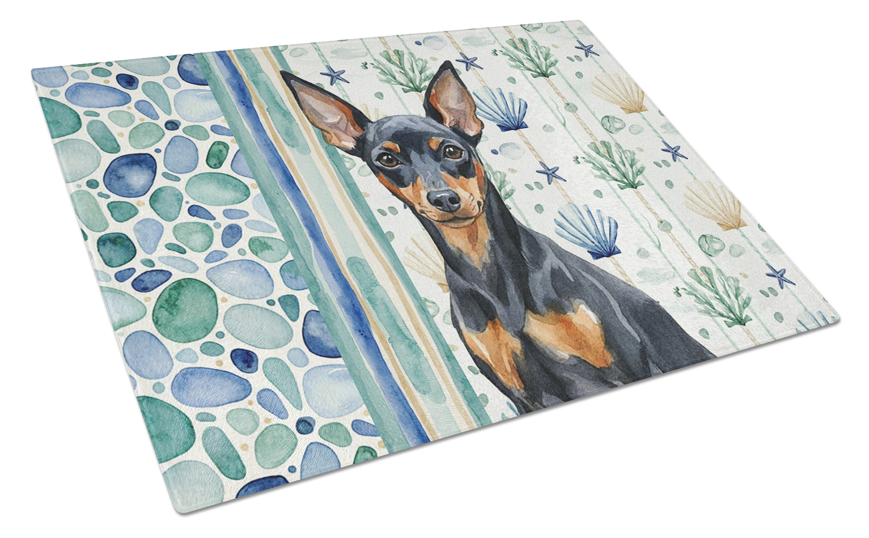 Black and Tan Miniature Pinscher Coastal Sea Glass Cutting Board Tempered Glass Kitchen Cutting Surface, Heat Resistant Chopping, Non-Slip Feet, Food Prep & Serving