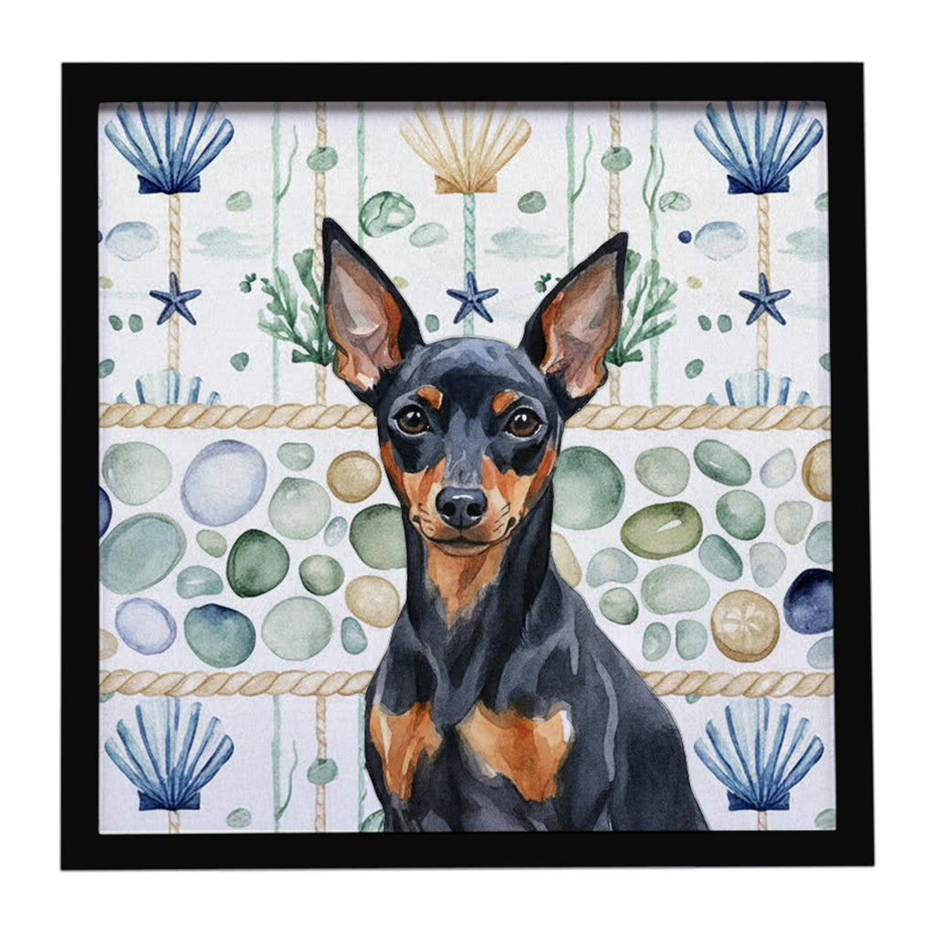 Black and Tan Miniature Pinscher Coastal Sea Glass Framed Metal Print Bathroom, Kitchen, Office, Home Decor Wall Art Ready to Hang, Square, 8X8