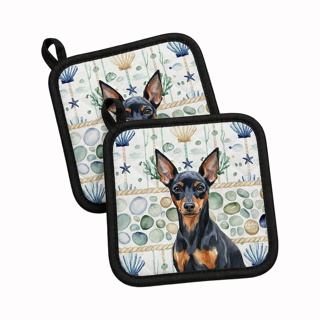 Black and Tan Miniature Pinscher Coastal Sea Glass Pot Holder Set of 2 Heat Resistant Quilted Hot Pads 7.5 x 7.5 Inch, Insulated Kitchen Trivets for Cooking & Baking