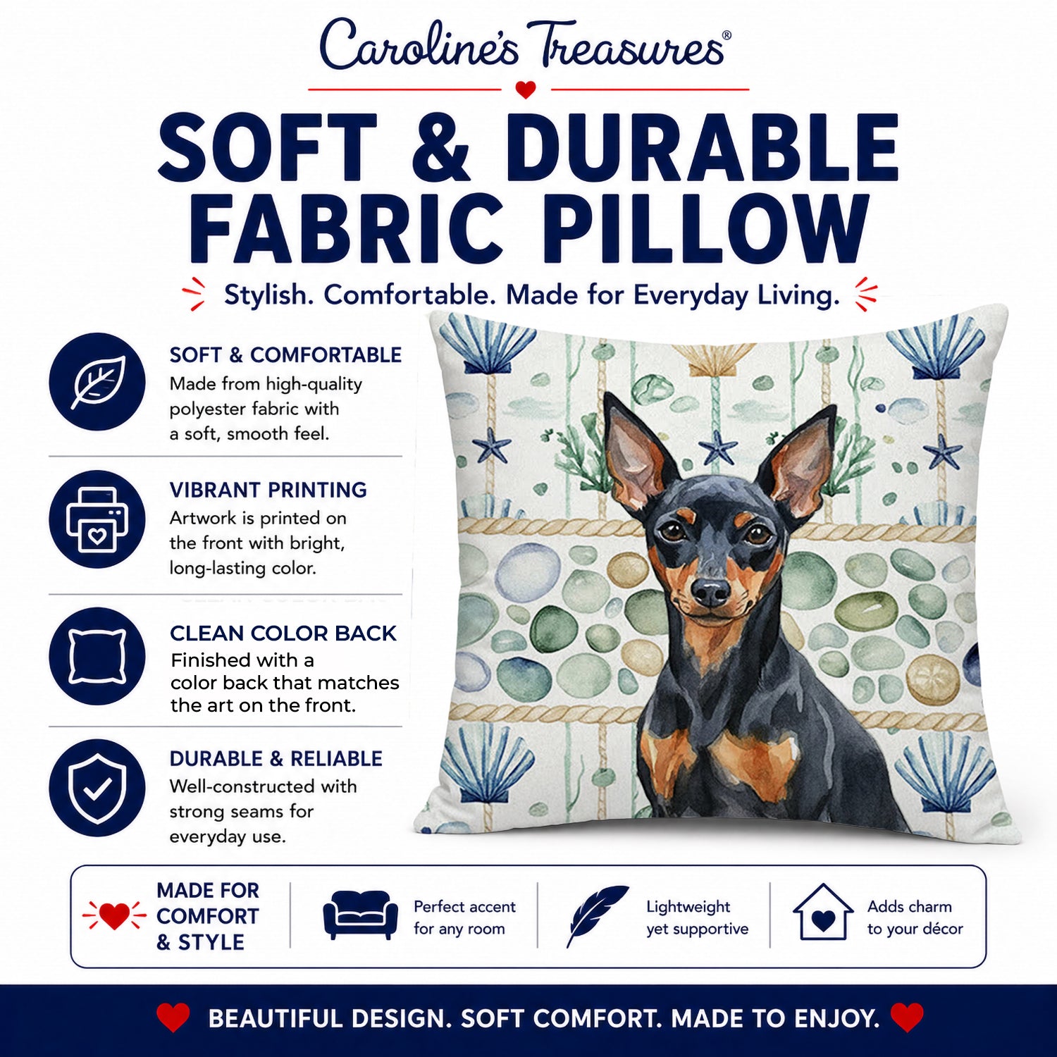 Black and Tan Miniature Pinscher Coastal Sea Glass Decorative Throw Pillow 14x14 Indoor Outdoor Accent Cushion, Fabric Cover with Insert for Sofa, Bed, Porch & Living Room
