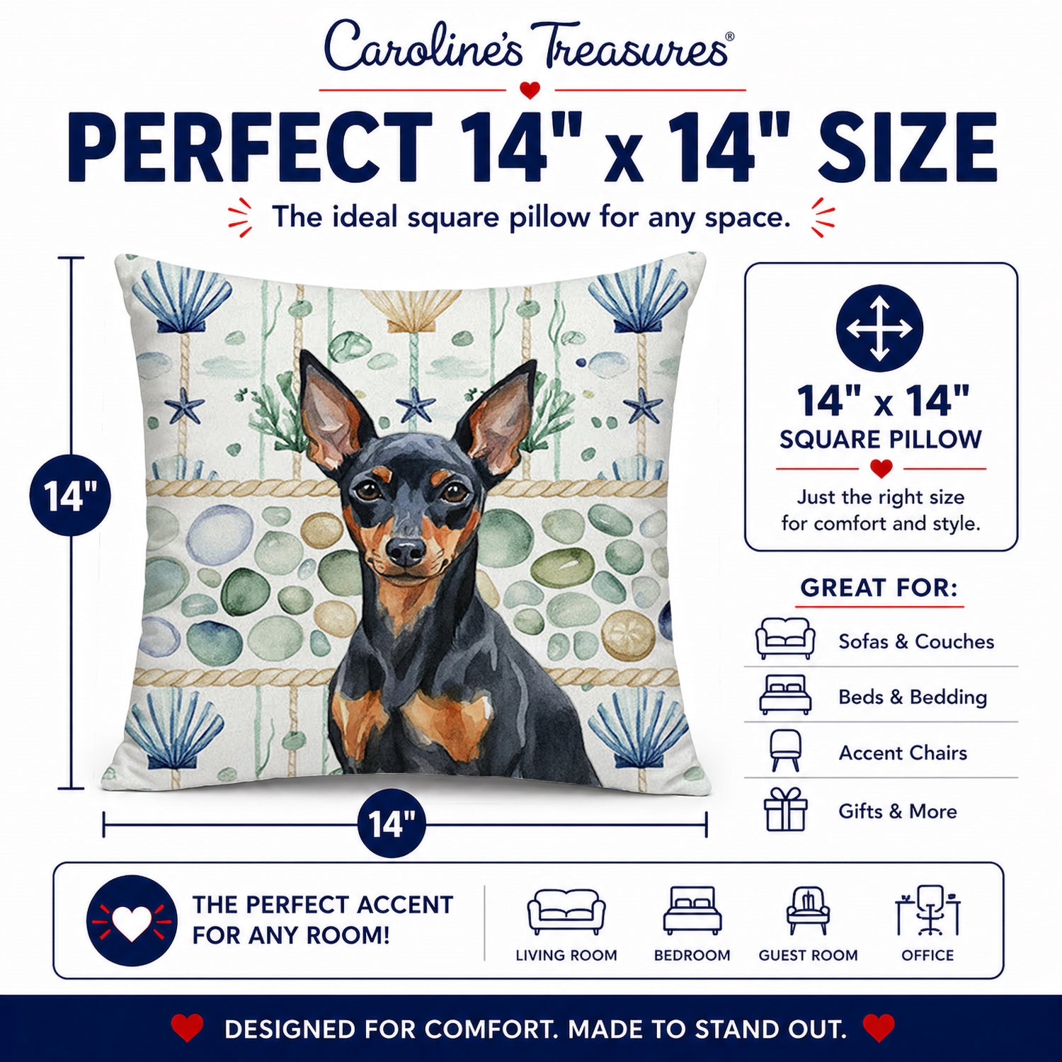 Black and Tan Miniature Pinscher Coastal Sea Glass Decorative Throw Pillow 14x14 Indoor Outdoor Accent Cushion, Fabric Cover with Insert for Sofa, Bed, Porch & Living Room