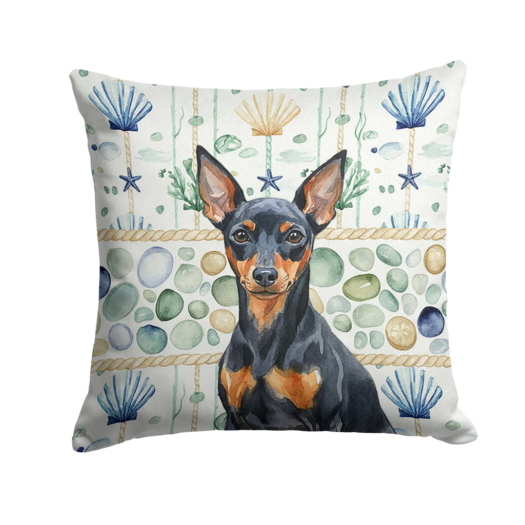 Black and Tan Miniature Pinscher Coastal Sea Glass Decorative Throw Pillow 14x14 Indoor Outdoor Accent Cushion, Fabric Cover with Insert for Sofa, Bed, Porch & Living Room