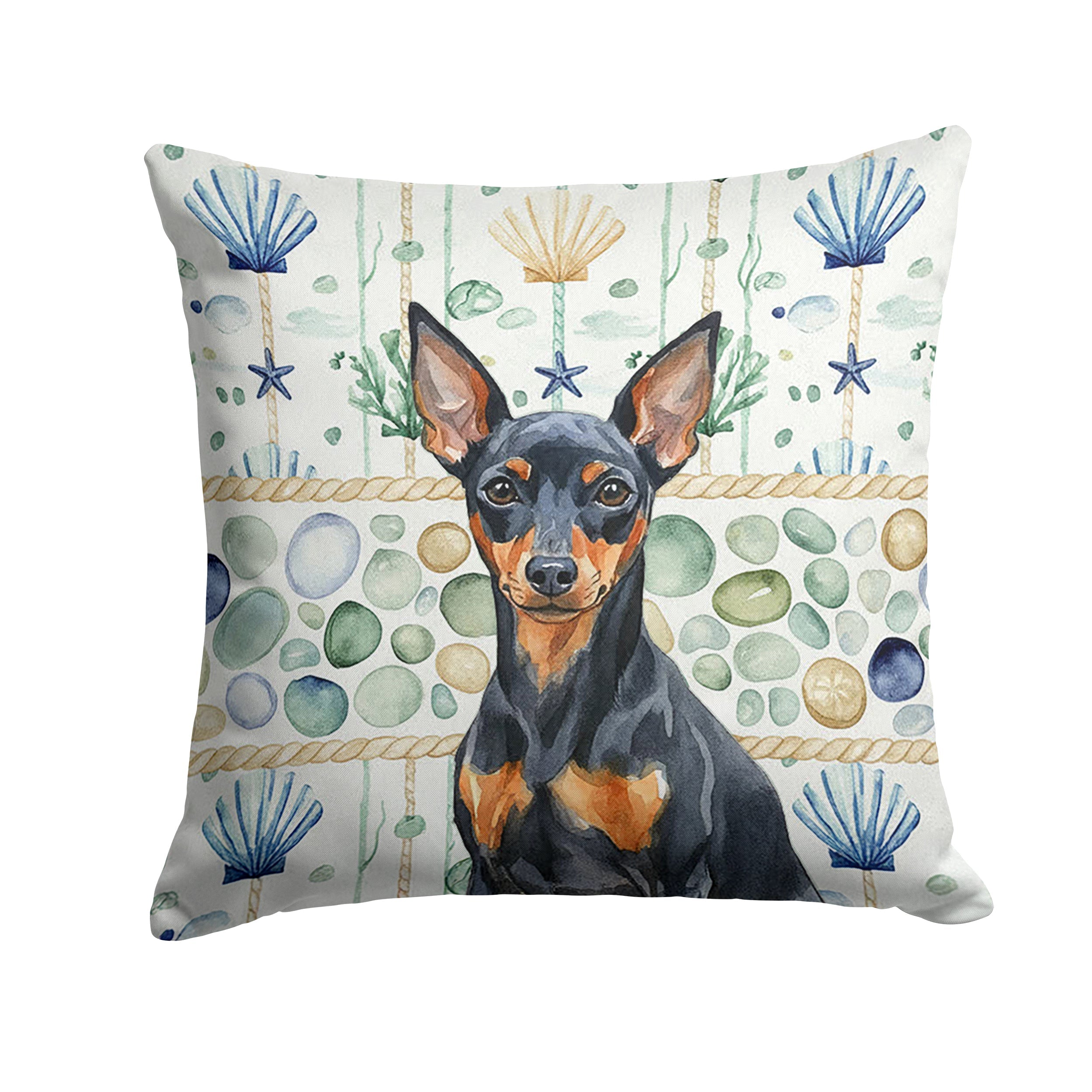 Black and Tan Miniature Pinscher Coastal Sea Glass Decorative Throw Pillow 18x18 Indoor Outdoor Accent Cushion, Fabric Cover with Insert for Sofa, Bed, Porch & Living Room