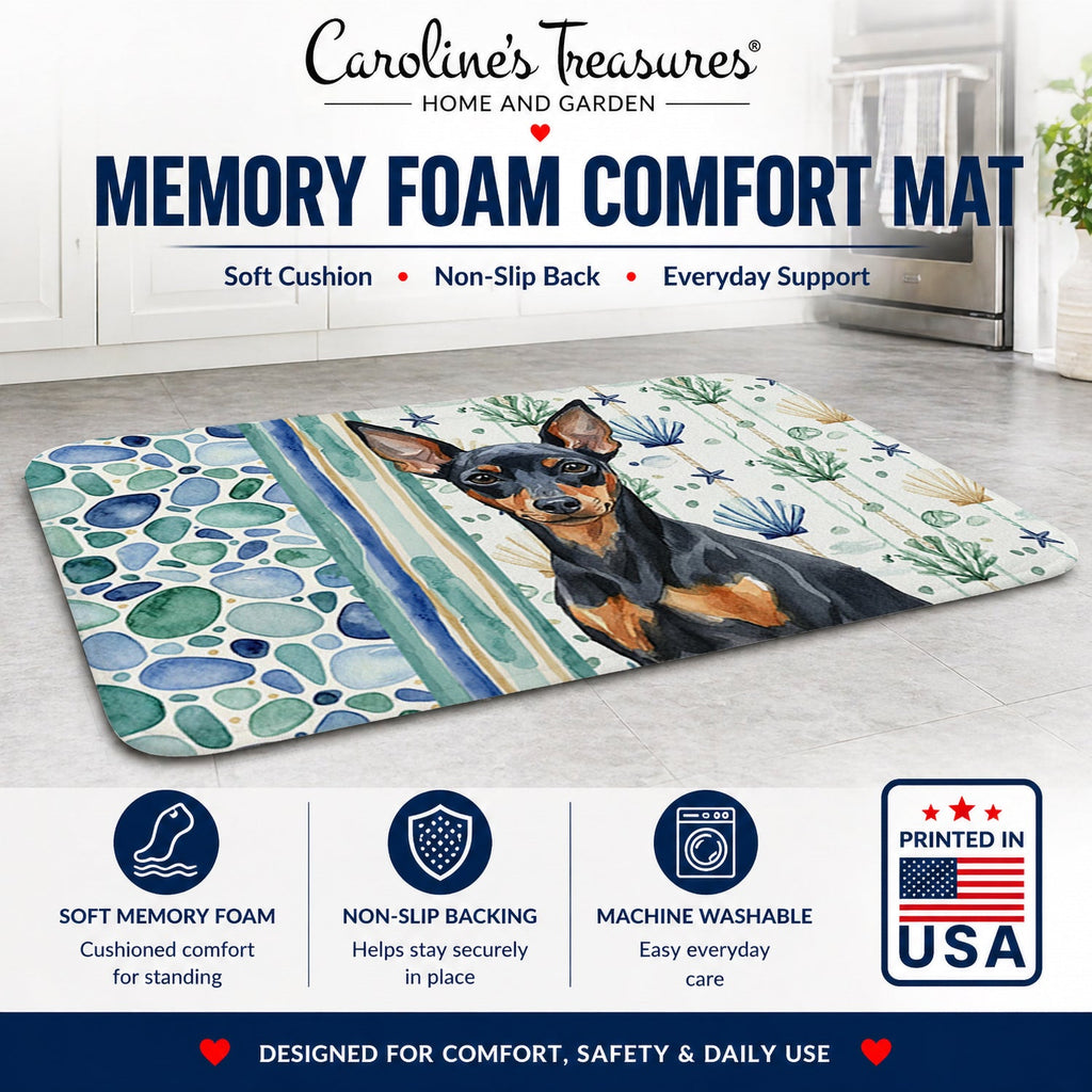 Black and Tan Miniature Pinscher Coastal Sea Glass Memory Foam Kitchen Mat Machine Washable Anti-Fatigue Cushion Comfort Bath or Kitchen Rug