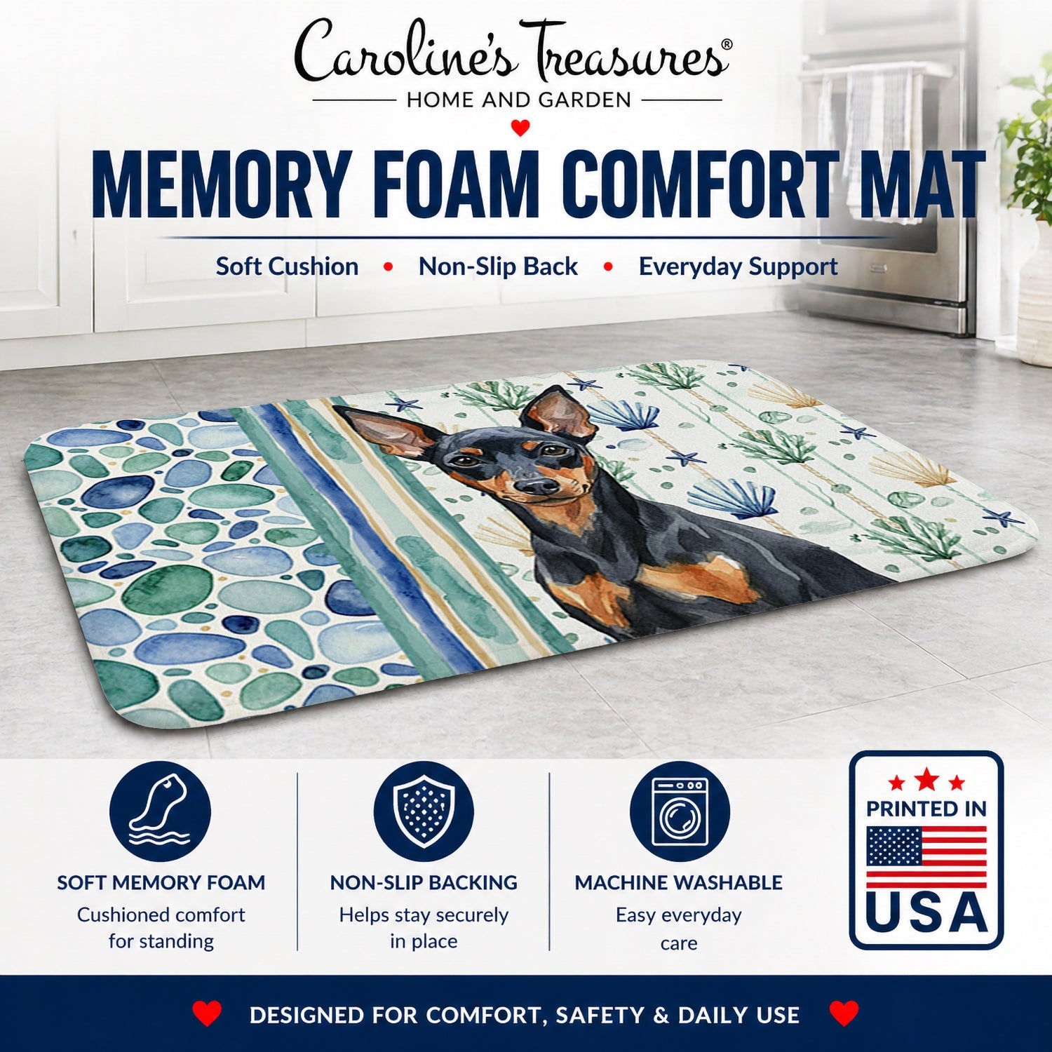 Black and Tan Miniature Pinscher Coastal Sea Glass Memory Foam Kitchen Mat Machine Washable Anti-Fatigue Cushion Comfort Bath or Kitchen Rug