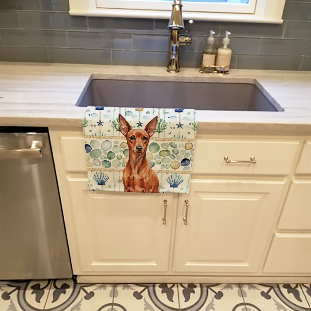Red Miniature Pinscher Min Pin Coastal Sea Glass Kitchen Towel Velour Plush Front and Cotton Loop Back Machine Washable