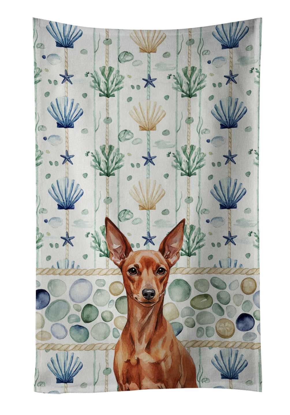 Red Miniature Pinscher Min Pin Coastal Sea Glass Kitchen Towel Velour Plush Front and Cotton Loop Back Machine Washable
