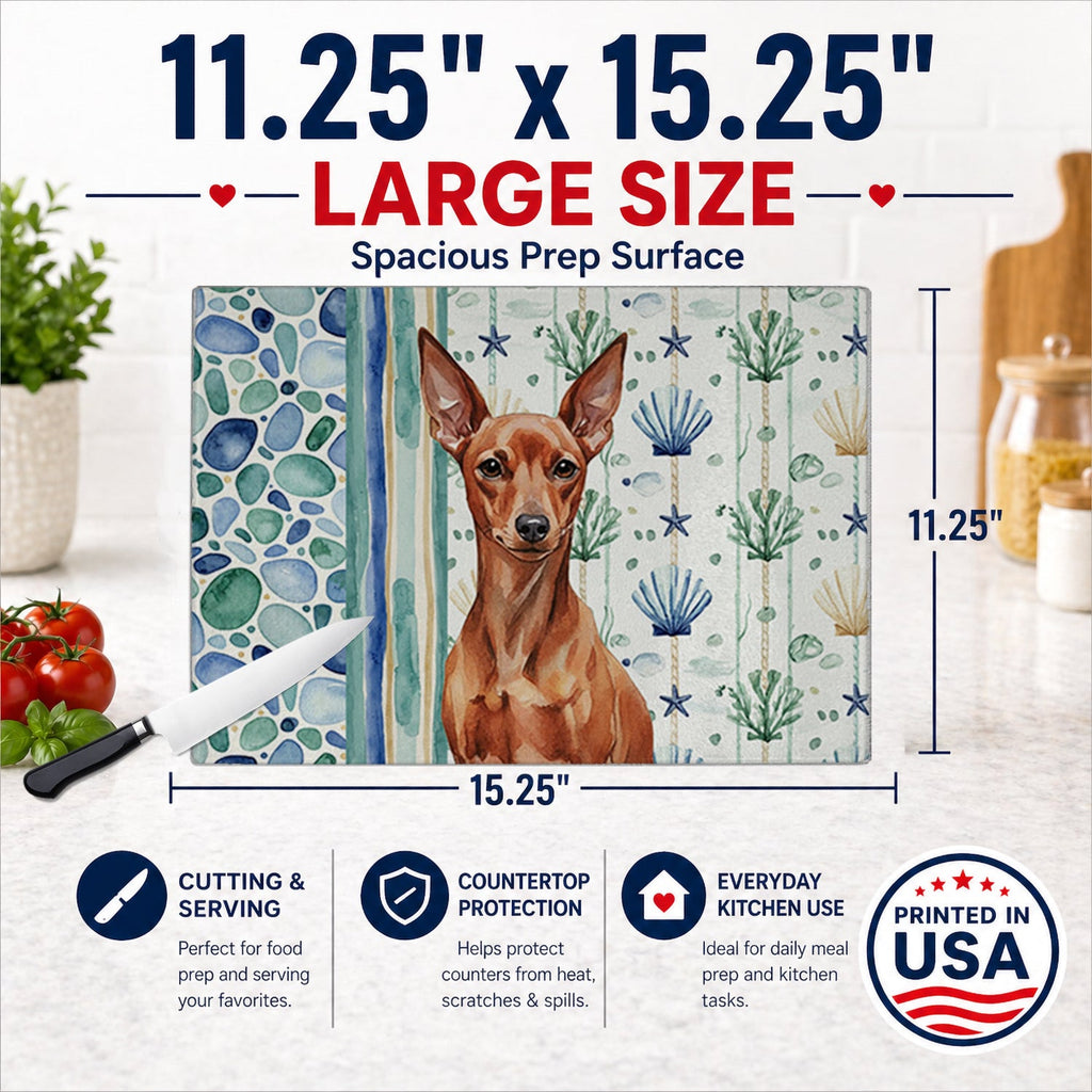 Red Miniature Pinscher Min Pin Coastal Sea Glass Cutting Board Tempered Glass Kitchen Cutting Surface, Heat Resistant Chopping, Non-Slip Feet, Food Prep & Serving