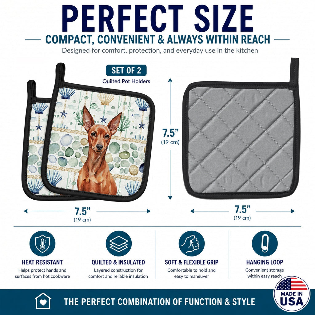 Red Miniature Pinscher Min Pin Coastal Sea Glass Pot Holder Set of 2 Heat Resistant Quilted Hot Pads 7.5 x 7.5 Inch, Insulated Kitchen Trivets for Cooking & Baking