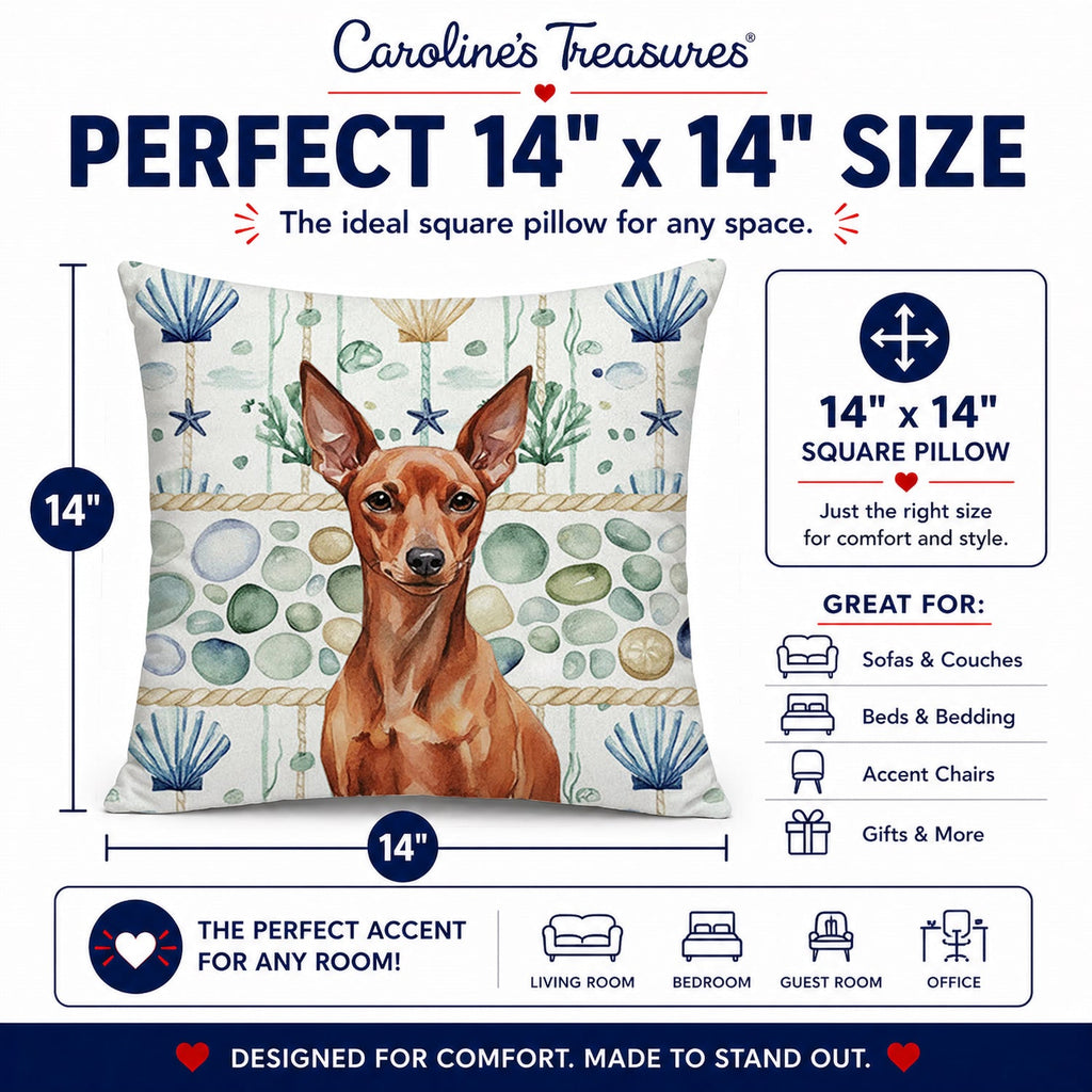 Red Miniature Pinscher Min Pin Coastal Sea Glass Decorative Throw Pillow 14x14 Indoor Outdoor Accent Cushion, Fabric Cover with Insert for Sofa, Bed, Porch & Living Room