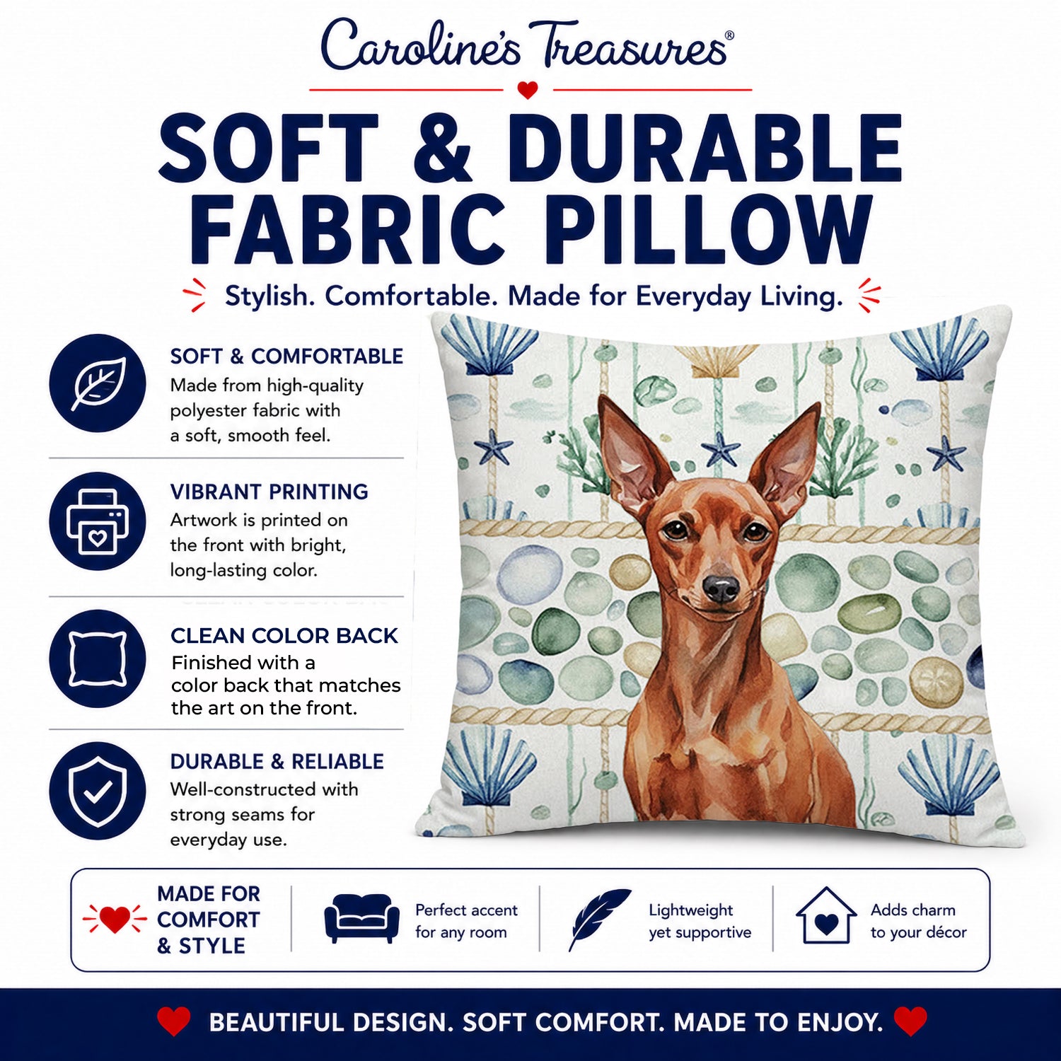 Red Miniature Pinscher Min Pin Coastal Sea Glass Decorative Throw Pillow 18x18 Indoor Outdoor Accent Cushion, Fabric Cover with Insert for Sofa, Bed, Porch & Living Room