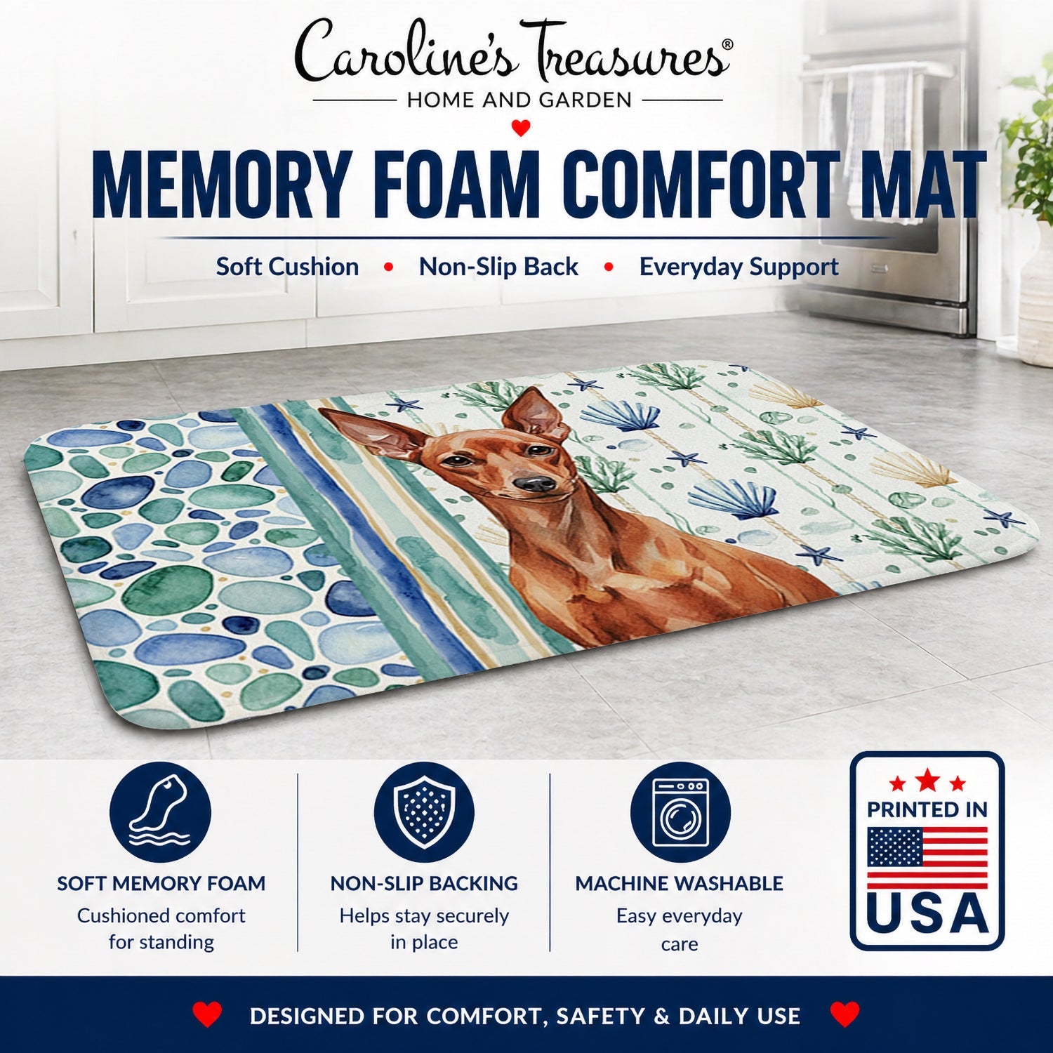 Red Miniature Pinscher Min Pin Coastal Sea Glass Memory Foam Kitchen Mat Machine Washable Anti-Fatigue Cushion Comfort Bath or Kitchen Rug