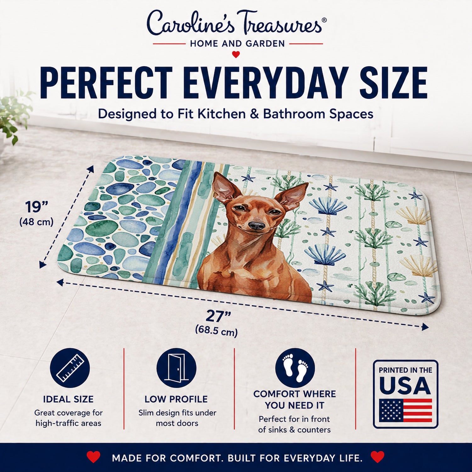 Red Miniature Pinscher Min Pin Coastal Sea Glass Memory Foam Kitchen Mat Machine Washable Anti-Fatigue Cushion Comfort Bath or Kitchen Rug