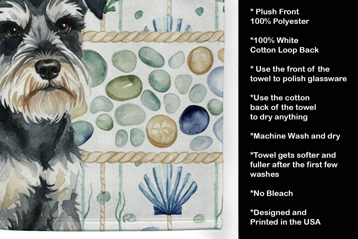 Black & Silver Miniature Schnauzer Coastal Sea Glass Kitchen Towel Velour Plush Front and Cotton Loop Back Machine Washable