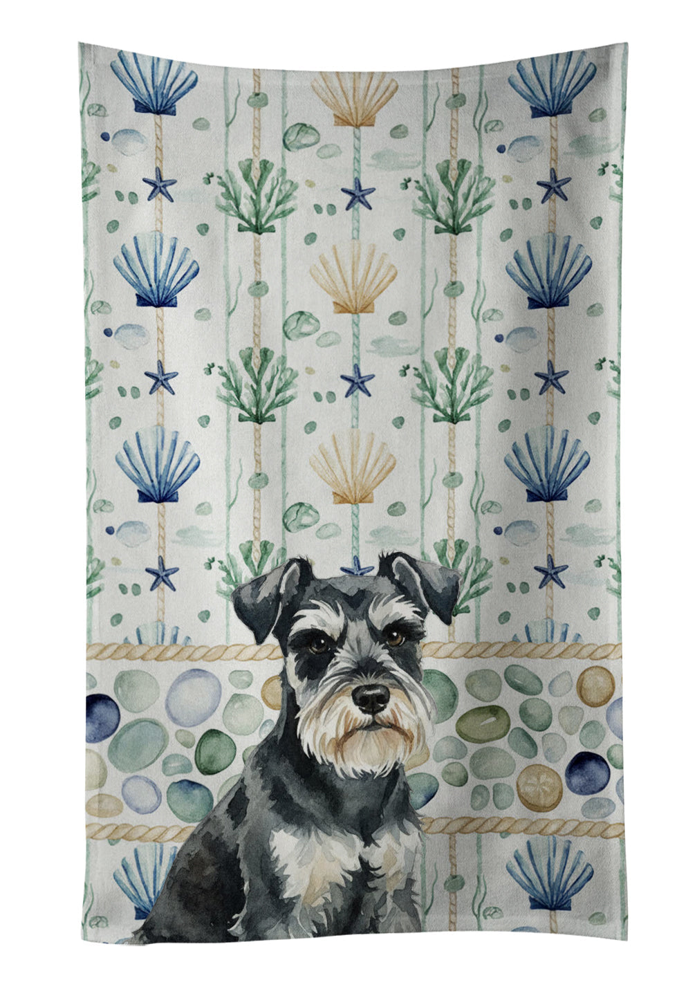 Black & Silver Miniature Schnauzer Coastal Sea Glass Kitchen Towel Velour Plush Front and Cotton Loop Back Machine Washable