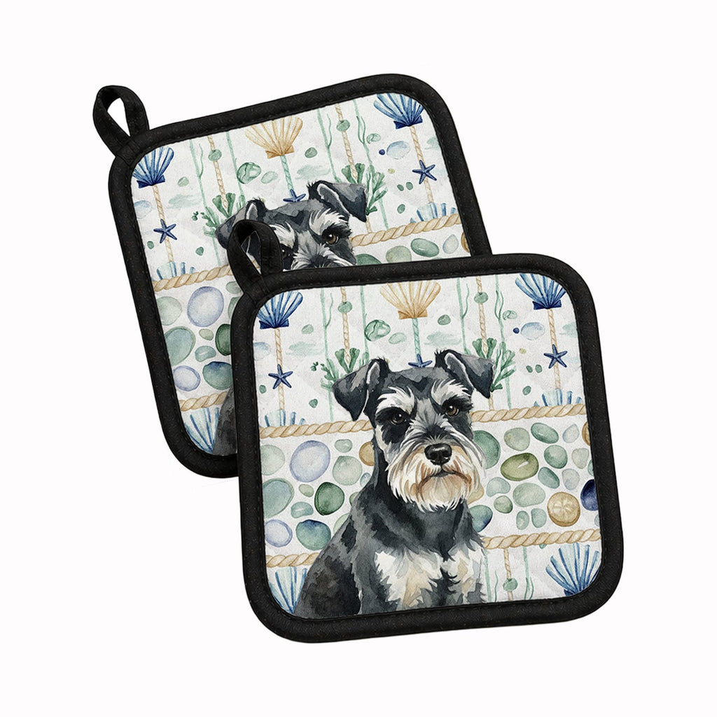 Black & Silver Miniature Schnauzer Coastal Sea Glass Pot Holder Set of 2 Heat Resistant Quilted Hot Pads 7.5 x 7.5 Inch, Insulated Kitchen Trivets for Cooking & Baking