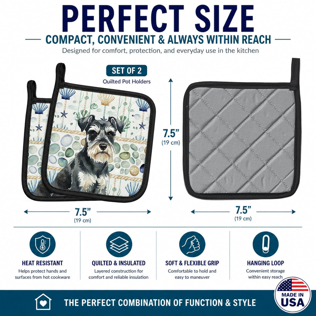 Black & Silver Miniature Schnauzer Coastal Sea Glass Pot Holder Set of 2 Heat Resistant Quilted Hot Pads 7.5 x 7.5 Inch, Insulated Kitchen Trivets for Cooking & Baking