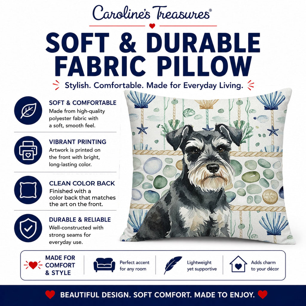 Black & Silver Miniature Schnauzer Coastal Sea Glass Decorative Throw Pillow 18x18 Indoor Outdoor Accent Cushion, Fabric Cover with Insert for Sofa, Bed, Porch & Living Room
