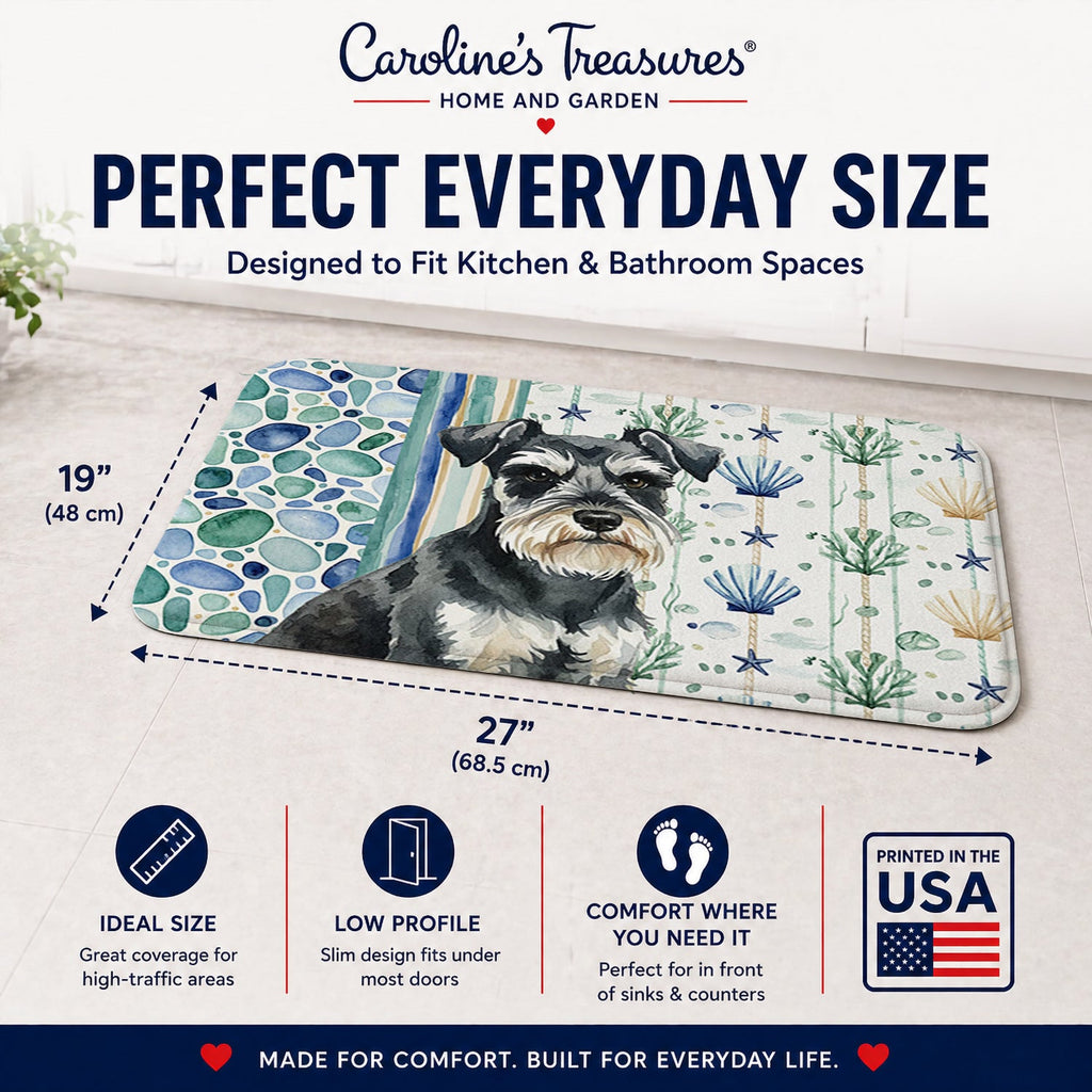 Black & Silver Miniature Schnauzer Coastal Sea Glass Memory Foam Kitchen Mat Machine Washable Anti-Fatigue Cushion Comfort Bath or Kitchen Rug