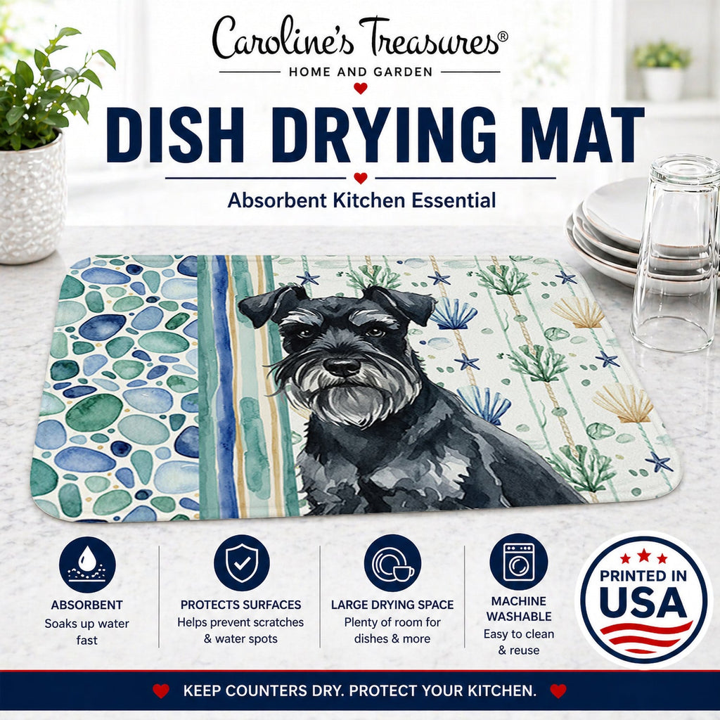 Black Miniature Schnauzer Coastal Sea Glass Dish Drying Mat Absorbent Dish Drying Mat Pad for Kitchen Counter Dish Drainer Mat for Countertop, 14 x 21", Multicolor