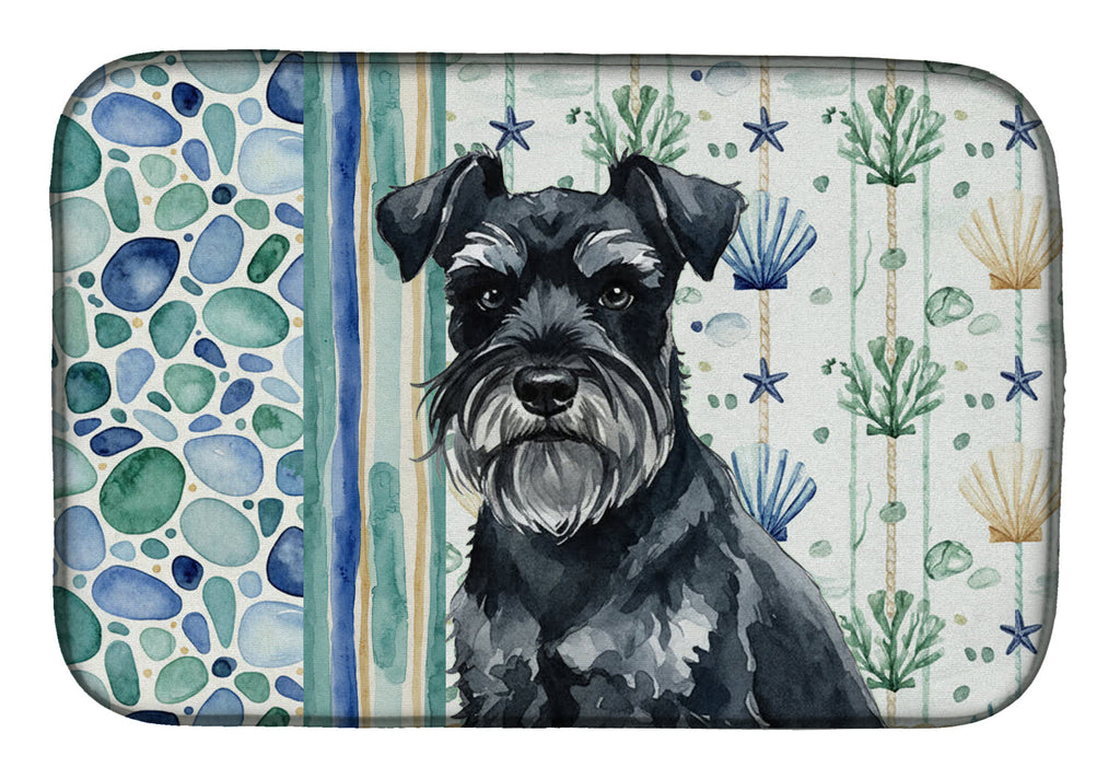 Black Miniature Schnauzer Coastal Sea Glass Dish Drying Mat Absorbent Dish Drying Mat Pad for Kitchen Counter Dish Drainer Mat for Countertop, 14 x 21", Multicolor