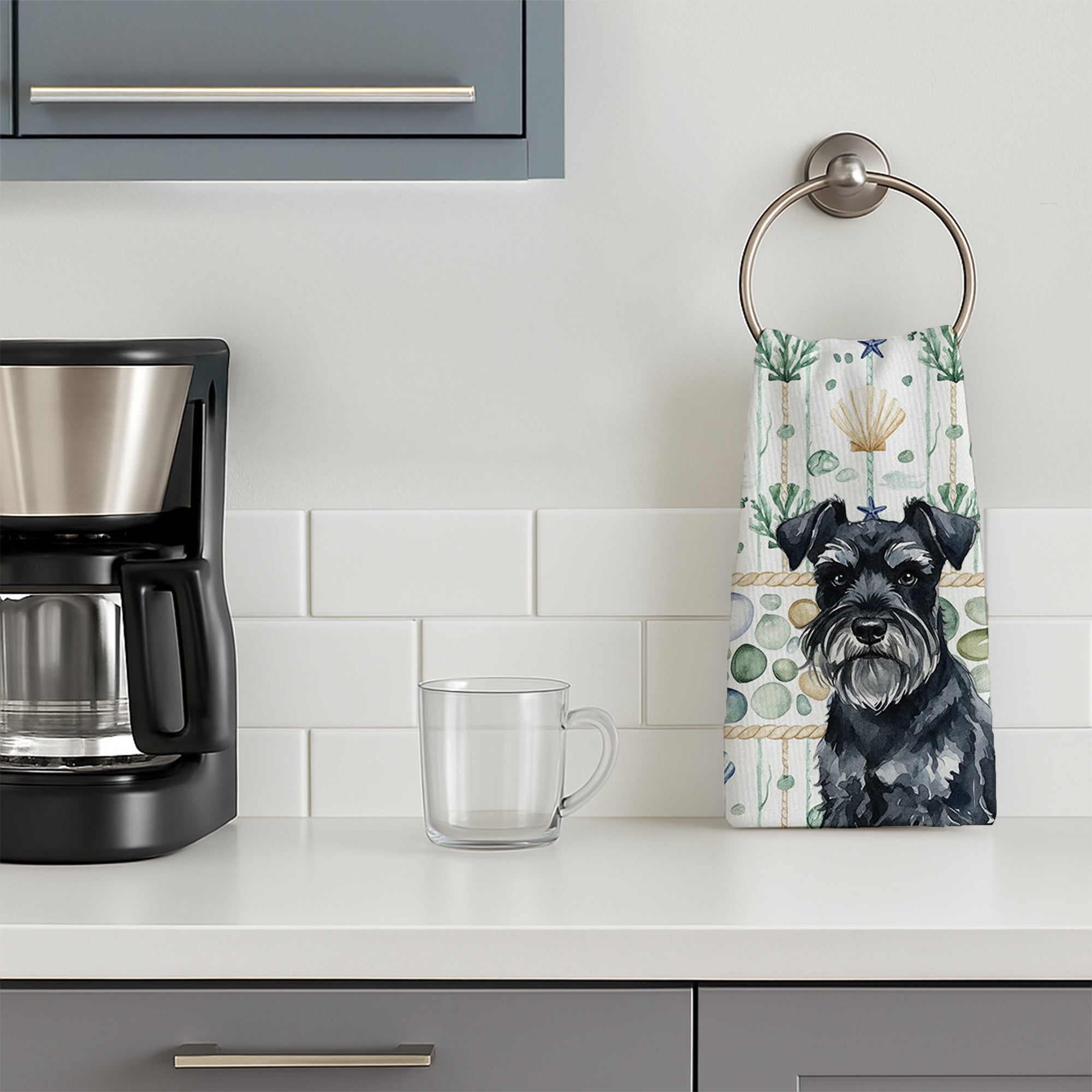 Black Miniature Schnauzer Coastal Sea Glass Kitchen Towel Velour Plush Front and Cotton Loop Back Machine Washable