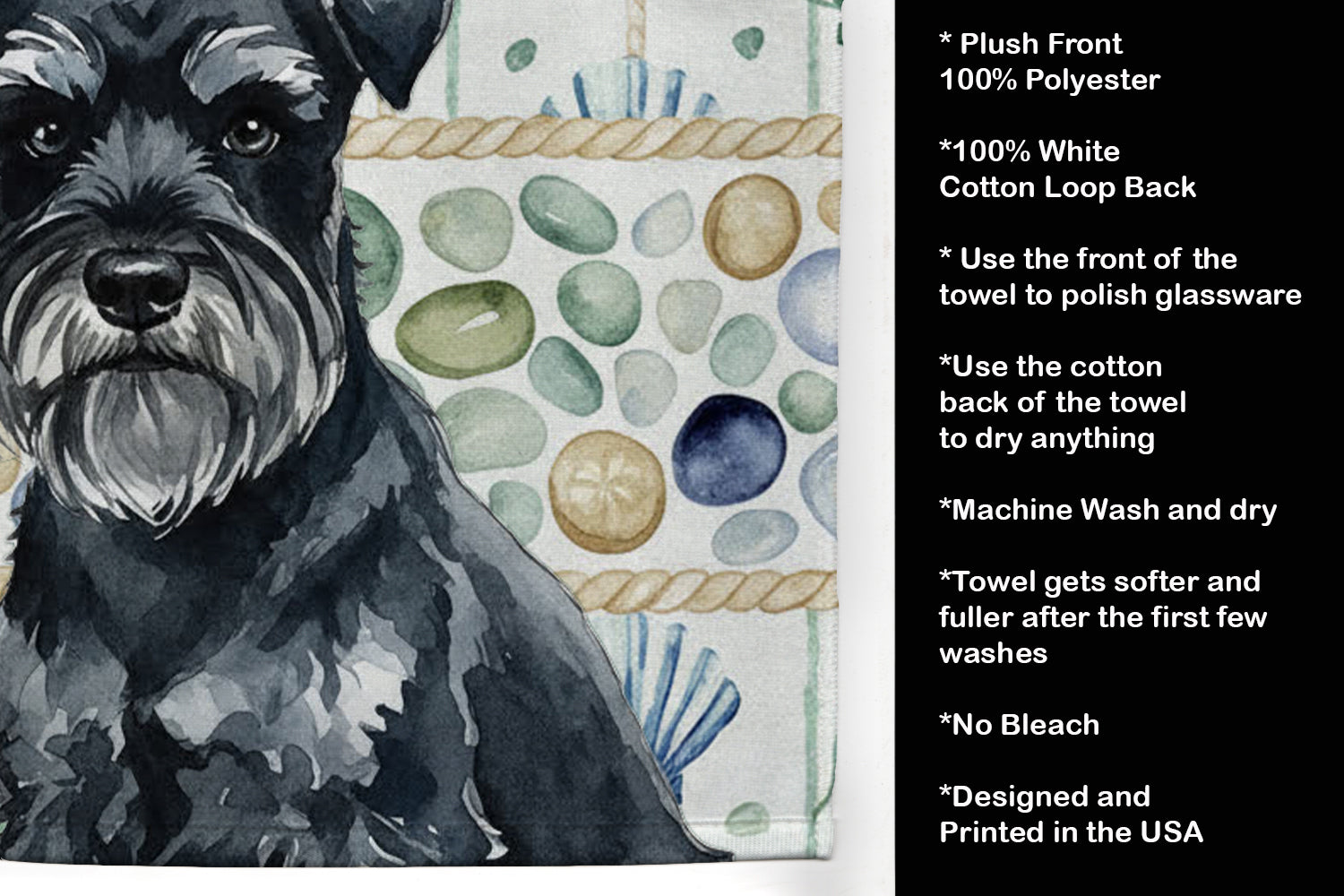 Black Miniature Schnauzer Coastal Sea Glass Kitchen Towel Velour Plush Front and Cotton Loop Back Machine Washable