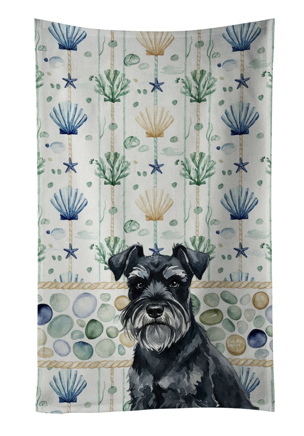 Black Miniature Schnauzer Coastal Sea Glass Kitchen Towel Velour Plush Front and Cotton Loop Back Machine Washable