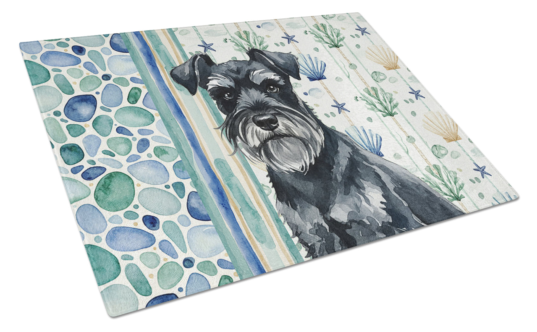 Black Miniature Schnauzer Coastal Sea Glass Cutting Board Tempered Glass Kitchen Cutting Surface, Heat Resistant Chopping, Non-Slip Feet, Food Prep & Serving