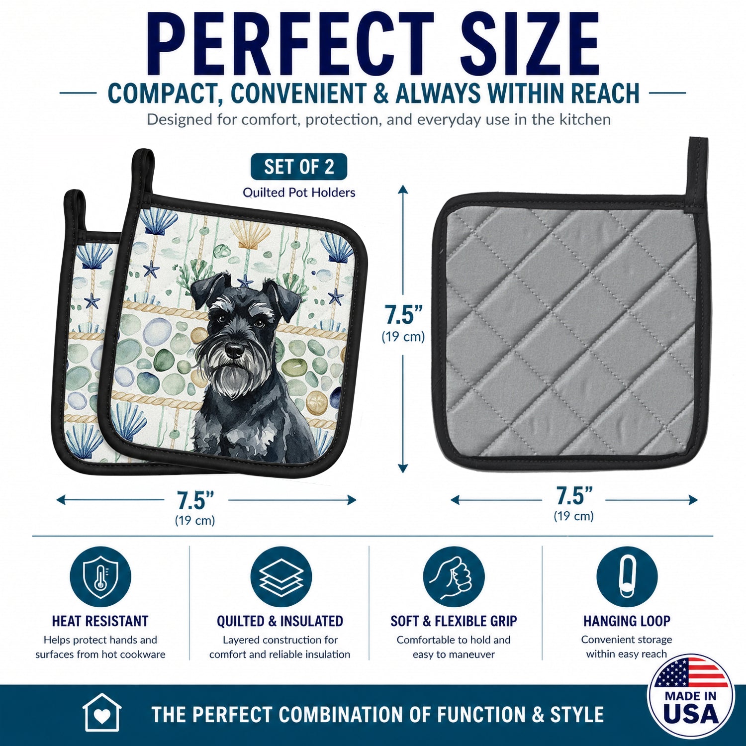 Black Miniature Schnauzer Coastal Sea Glass Pot Holder Set of 2 Heat Resistant Quilted Hot Pads 7.5 x 7.5 Inch, Insulated Kitchen Trivets for Cooking & Baking