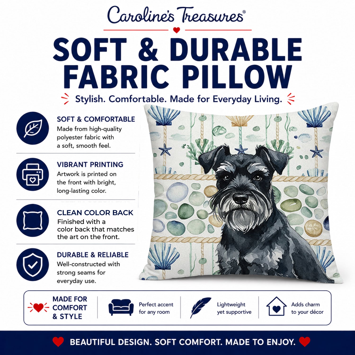 Black Miniature Schnauzer Coastal Sea Glass Decorative Throw Pillow 14x14 Indoor Outdoor Accent Cushion, Fabric Cover with Insert for Sofa, Bed, Porch & Living Room