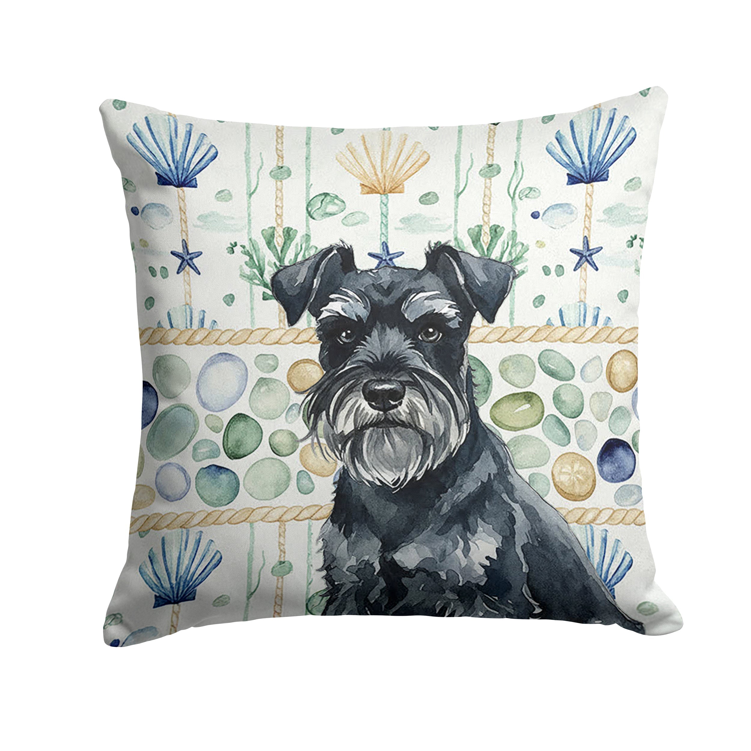 Black Miniature Schnauzer Coastal Sea Glass Decorative Throw Pillow 14x14 Indoor Outdoor Accent Cushion, Fabric Cover with Insert for Sofa, Bed, Porch & Living Room