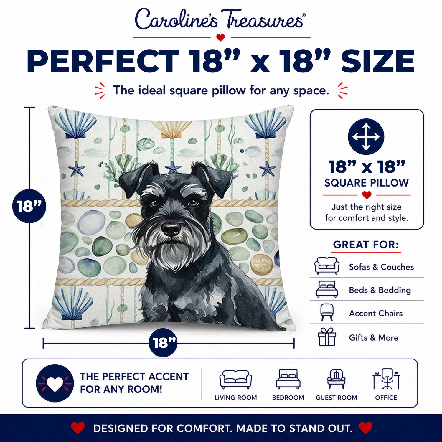 Black Miniature Schnauzer Coastal Sea Glass Decorative Throw Pillow 18x18 Indoor Outdoor Accent Cushion, Fabric Cover with Insert for Sofa, Bed, Porch & Living Room