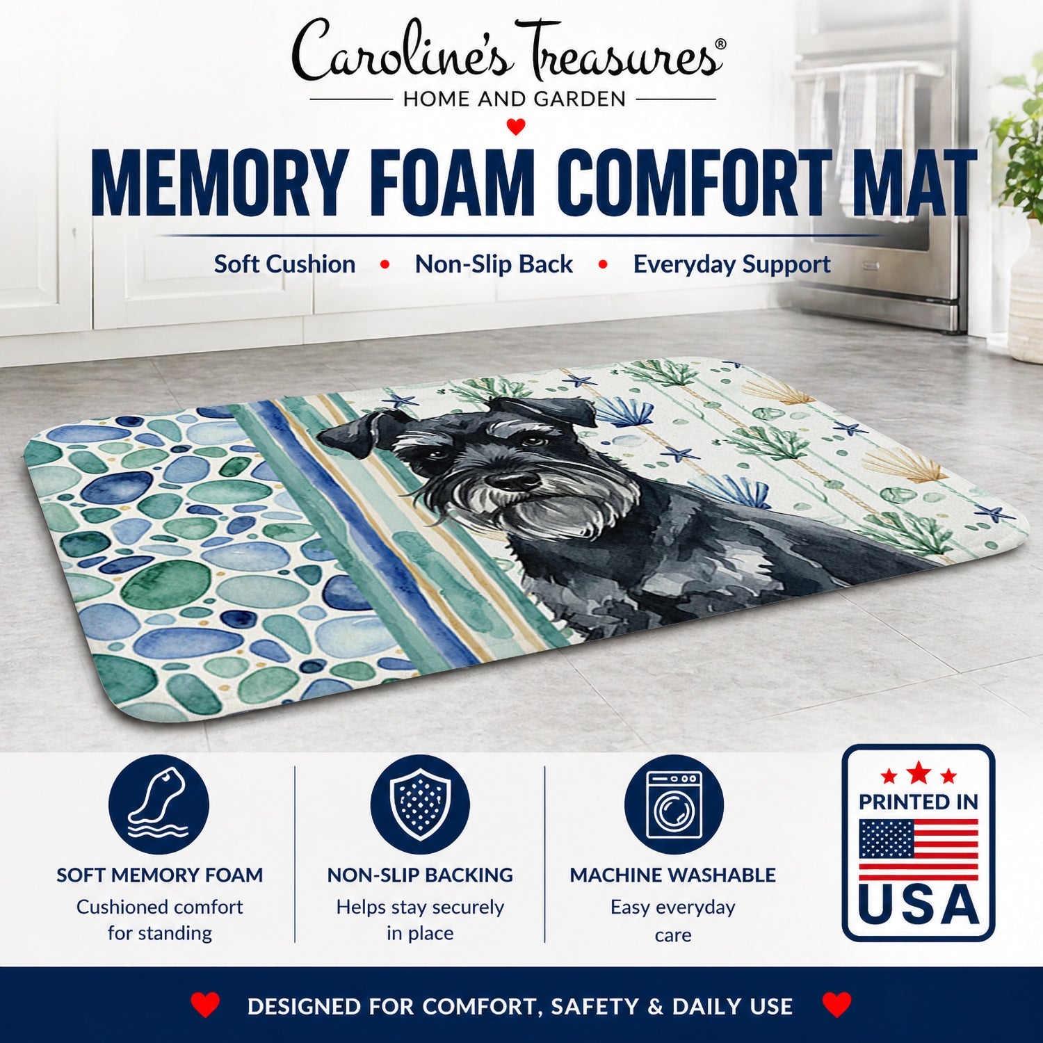 Black Miniature Schnauzer Coastal Sea Glass Memory Foam Kitchen Mat Machine Washable Anti-Fatigue Cushion Comfort Bath or Kitchen Rug