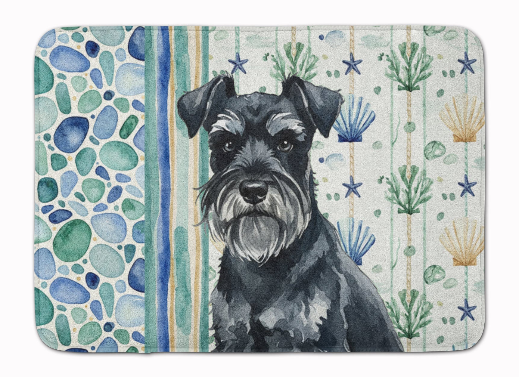 Black Miniature Schnauzer Coastal Sea Glass Memory Foam Kitchen Mat Machine Washable Anti-Fatigue Cushion Comfort Bath or Kitchen Rug
