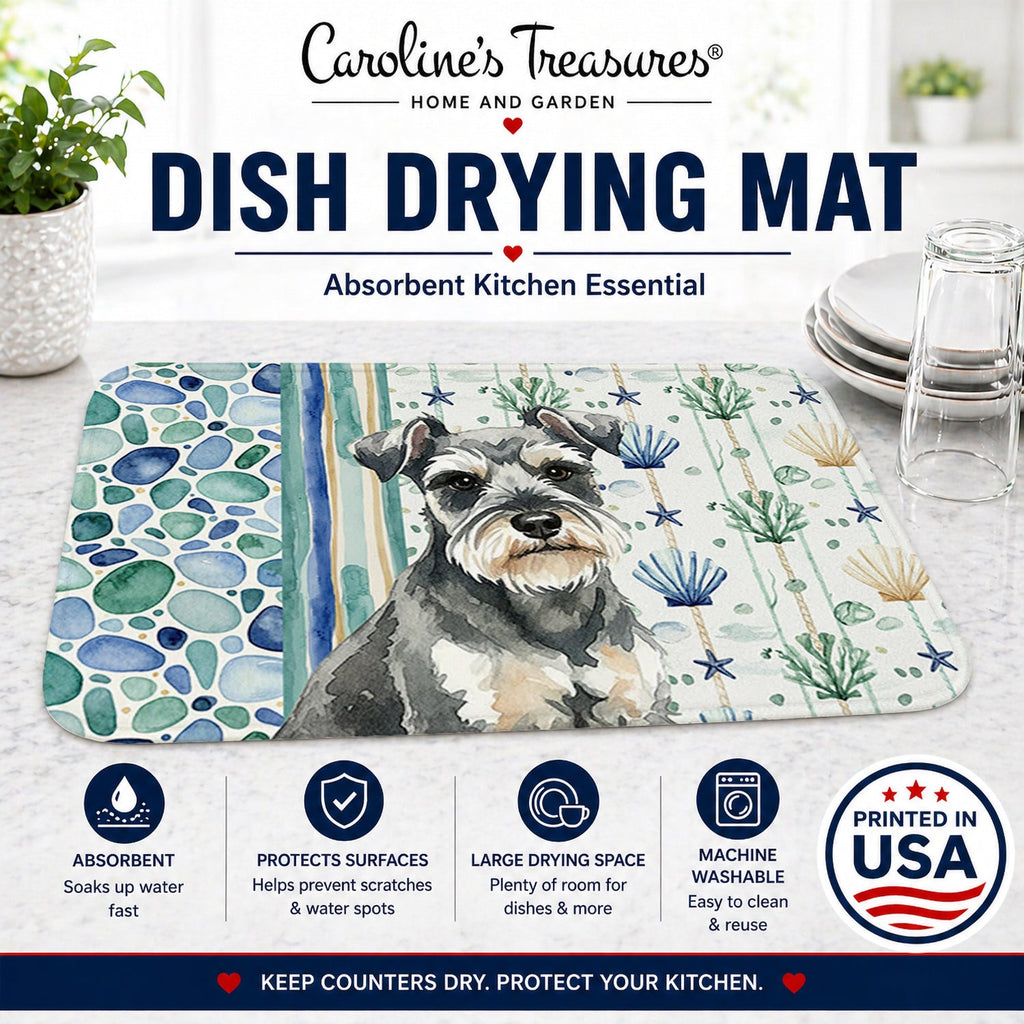 Miniature Schnauzer Coastal Sea Glass Dish Drying Mat Absorbent Dish Drying Mat Pad for Kitchen Counter Dish Drainer Mat for Countertop, 14 x 21", Multicolor