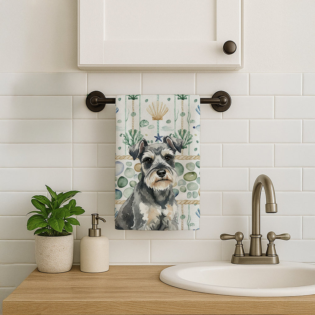 Miniature Schnauzer Coastal Sea Glass Kitchen Towel Velour Plush Front and Cotton Loop Back Machine Washable