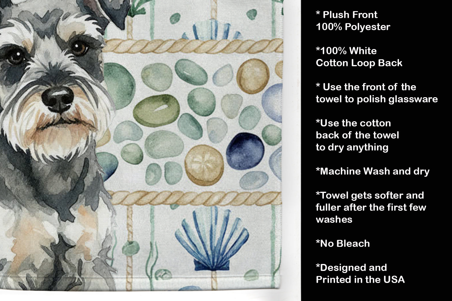 Miniature Schnauzer Coastal Sea Glass Kitchen Towel Velour Plush Front and Cotton Loop Back Machine Washable
