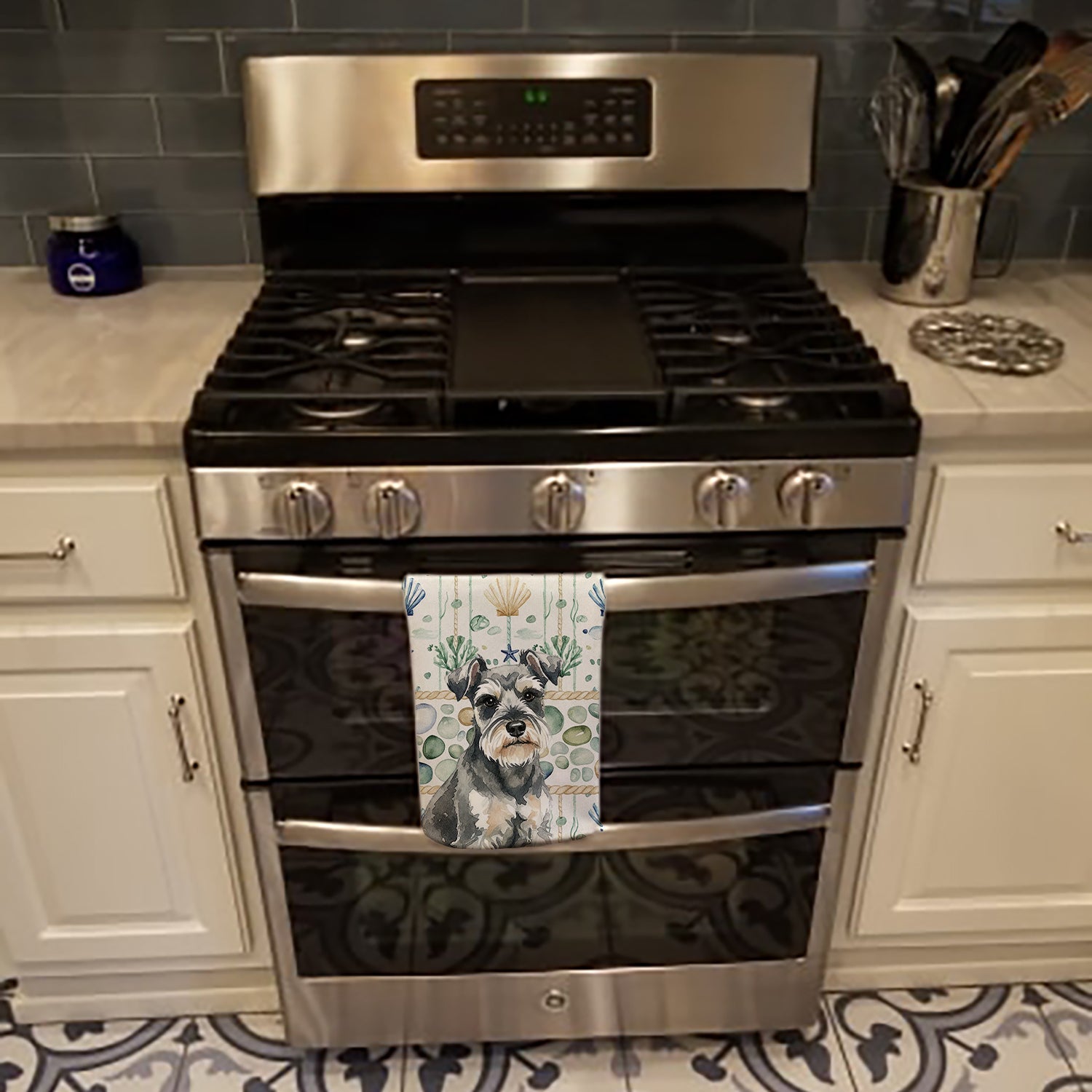 Miniature Schnauzer Coastal Sea Glass Kitchen Towel Velour Plush Front and Cotton Loop Back Machine Washable