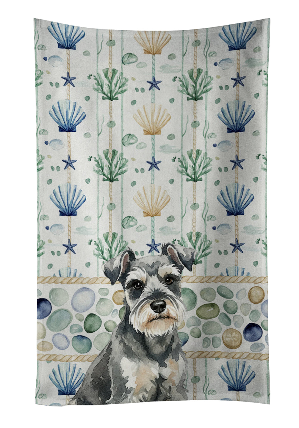 Miniature Schnauzer Coastal Sea Glass Kitchen Towel Velour Plush Front and Cotton Loop Back Machine Washable