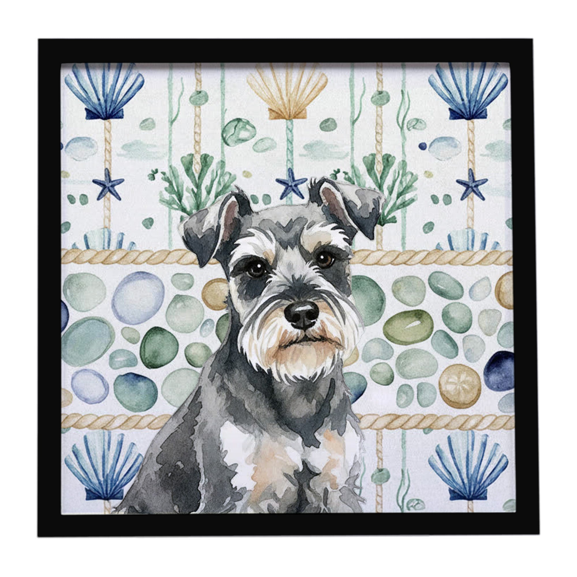 Miniature Schnauzer Coastal Sea Glass Framed Metal Print Bathroom, Kitchen, Office, Home Decor Wall Art Ready to Hang, Square, 8X8