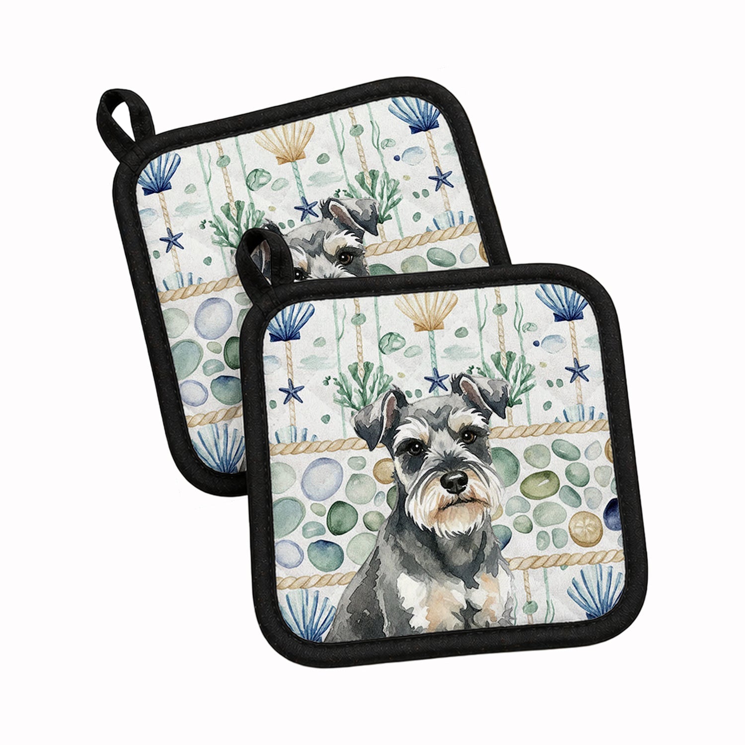 Miniature Schnauzer Coastal Sea Glass Pot Holder Set of 2 Heat Resistant Quilted Hot Pads 7.5 x 7.5 Inch, Insulated Kitchen Trivets for Cooking & Baking