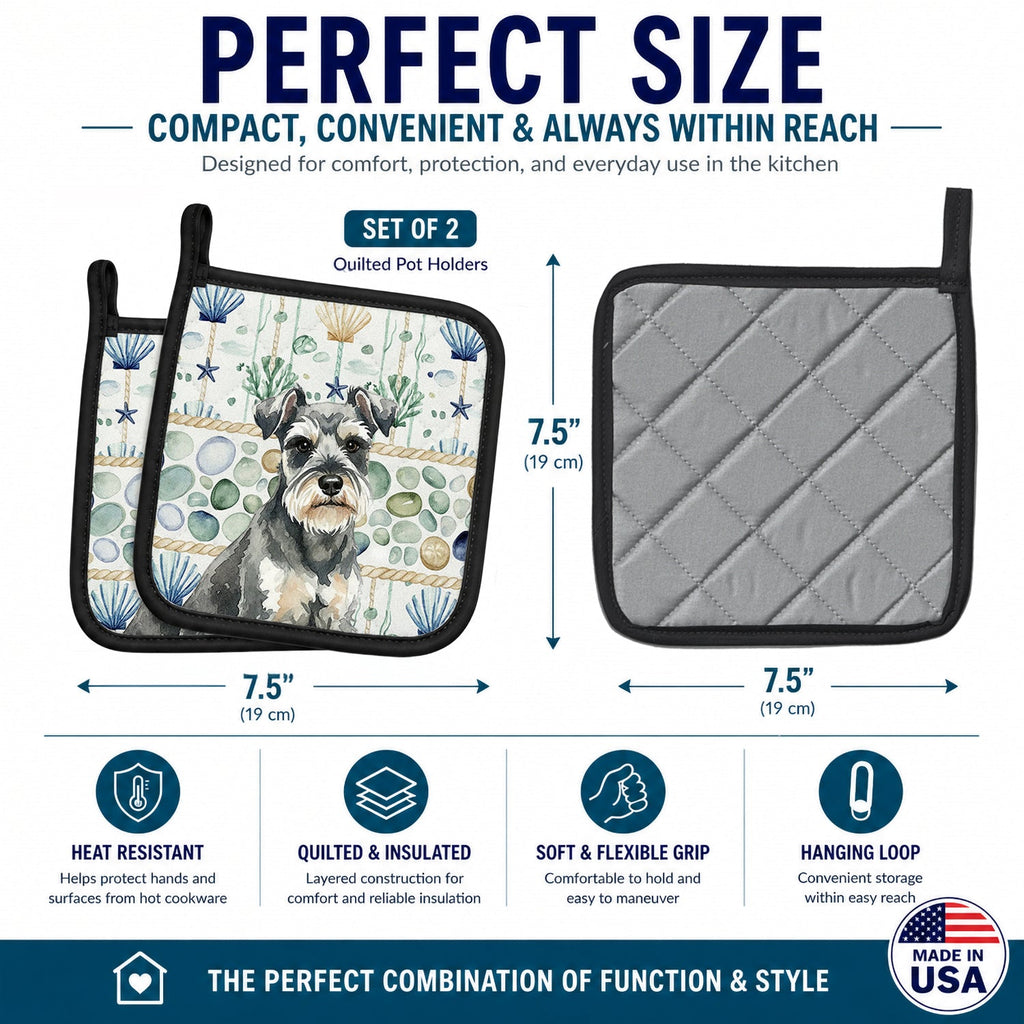 Miniature Schnauzer Coastal Sea Glass Pot Holder Set of 2 Heat Resistant Quilted Hot Pads 7.5 x 7.5 Inch, Insulated Kitchen Trivets for Cooking & Baking