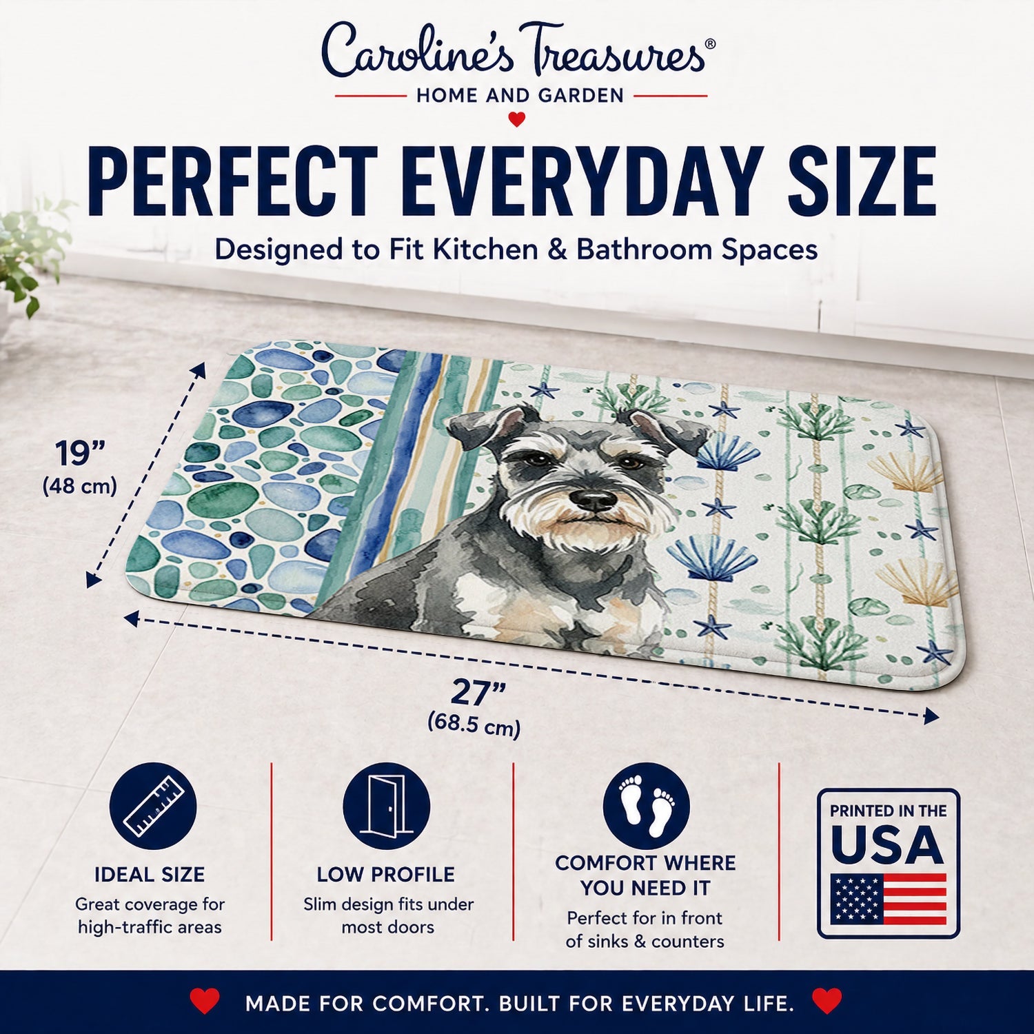 Miniature Schnauzer Coastal Sea Glass Memory Foam Kitchen Mat Machine Washable Anti-Fatigue Cushion Comfort Bath or Kitchen Rug