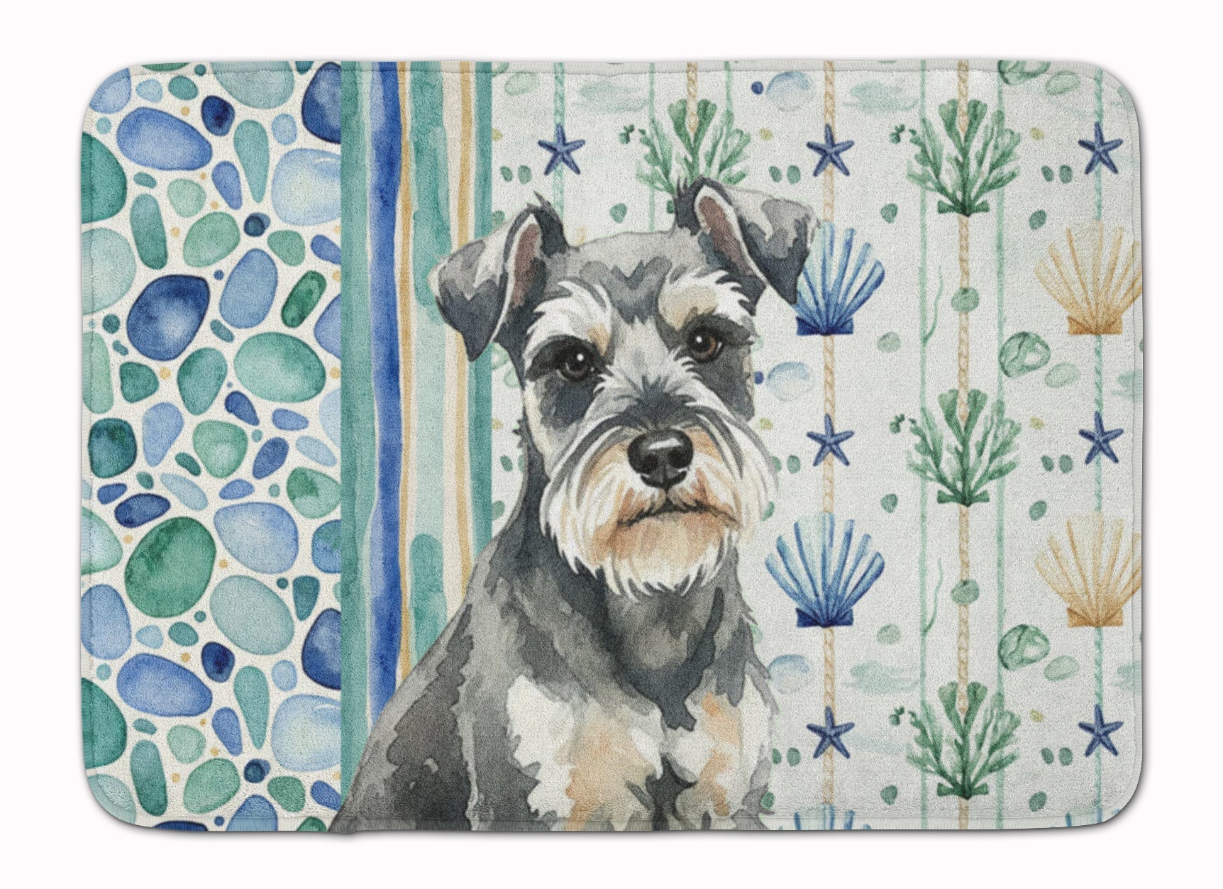 Miniature Schnauzer Coastal Sea Glass Memory Foam Kitchen Mat Machine Washable Anti-Fatigue Cushion Comfort Bath or Kitchen Rug