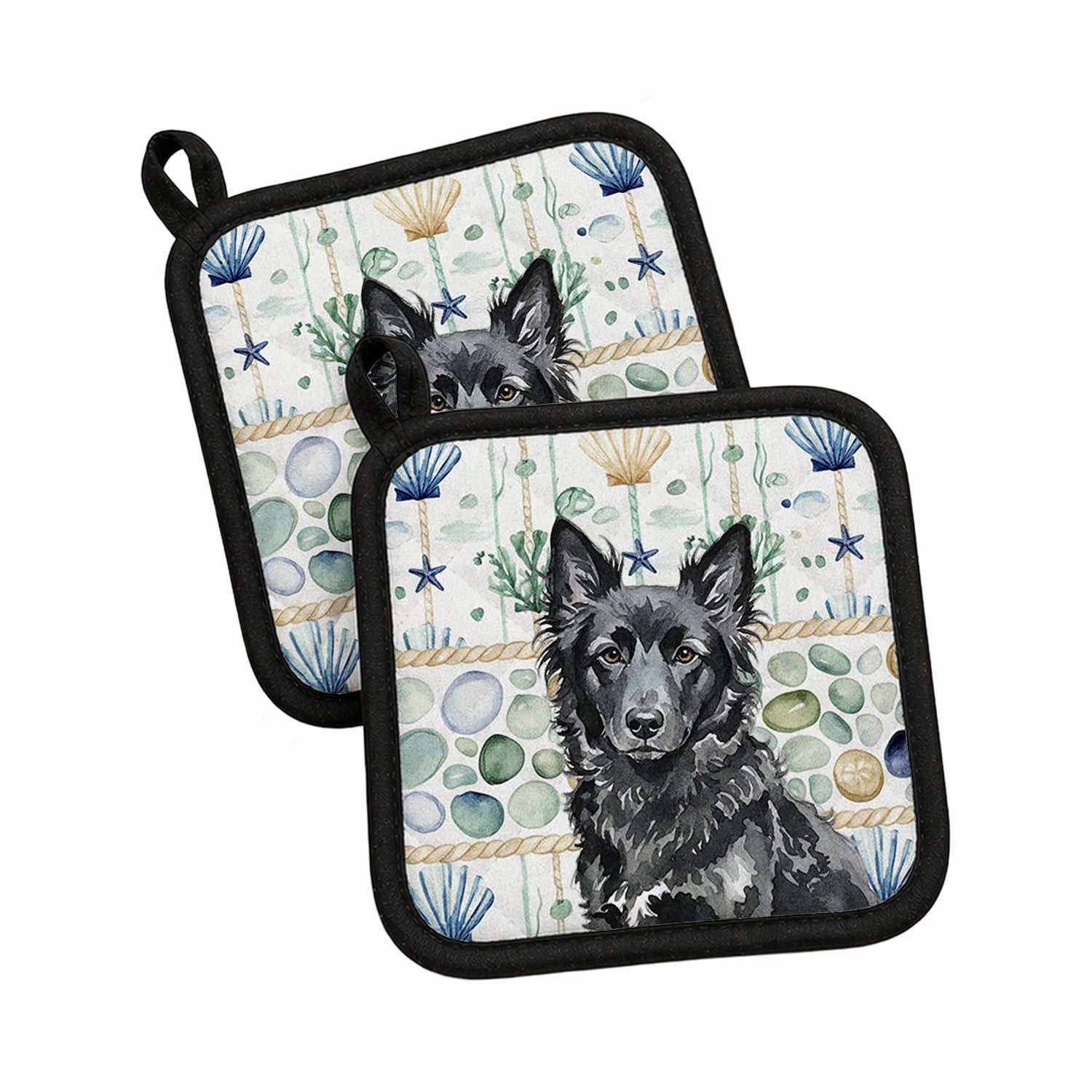 Mudi Coastal Sea Glass Pot Holder Set of 2 Heat Resistant Quilted Hot Pads 7.5 x 7.5 Inch, Insulated Kitchen Trivets for Cooking & Baking