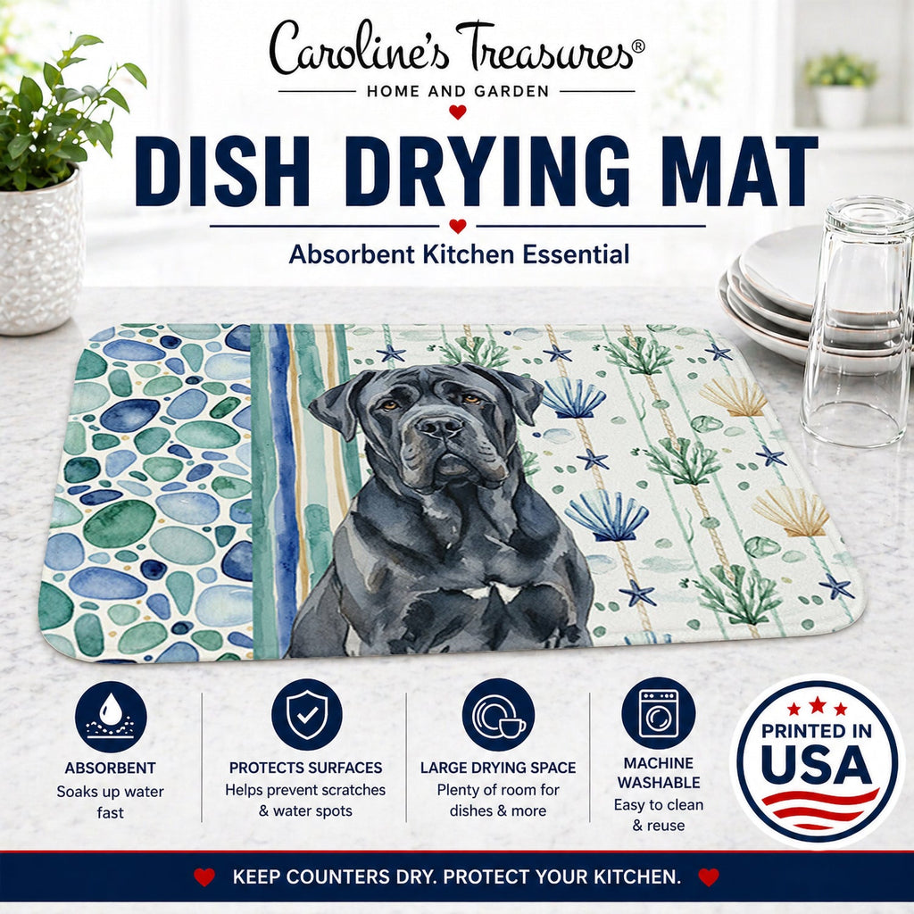 Black Neapolitan Mastiff Coastal Sea Glass Dish Drying Mat Absorbent Dish Drying Mat Pad for Kitchen Counter Dish Drainer Mat for Countertop, 14 x 21", Multicolor