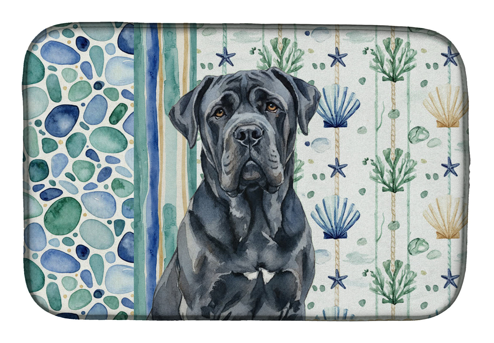 Black Neapolitan Mastiff Coastal Sea Glass Dish Drying Mat Absorbent Dish Drying Mat Pad for Kitchen Counter Dish Drainer Mat for Countertop, 14 x 21", Multicolor