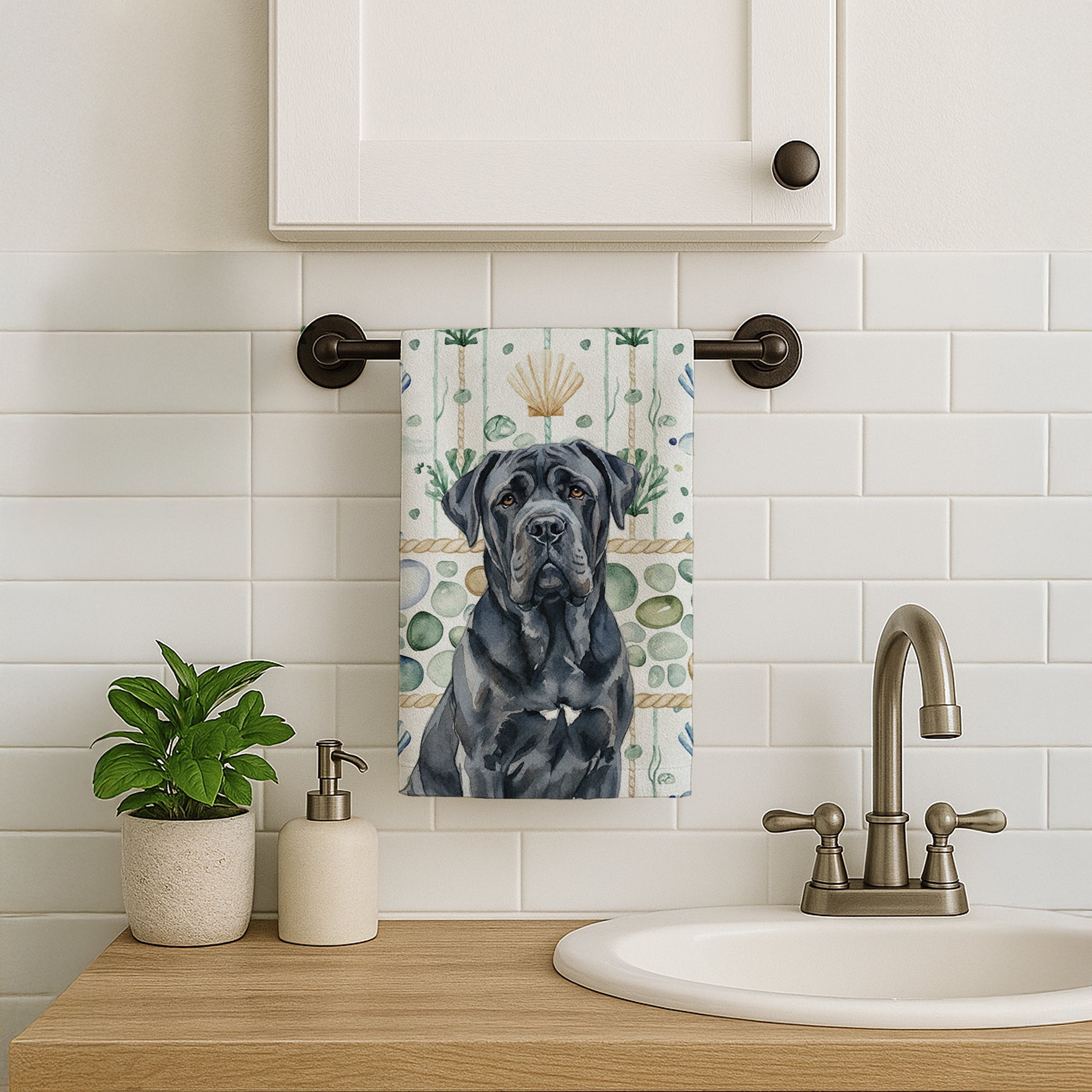 Black Neapolitan Mastiff Coastal Sea Glass Kitchen Towel Velour Plush Front and Cotton Loop Back Machine Washable