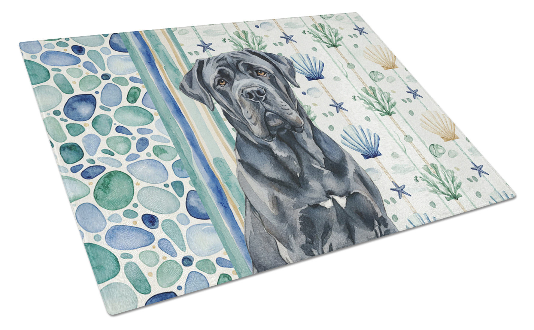 Black Neapolitan Mastiff Coastal Sea Glass Cutting Board Tempered Glass Kitchen Cutting Surface, Heat Resistant Chopping, Non-Slip Feet, Food Prep & Serving